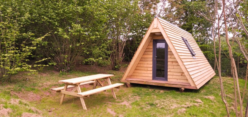 A Hens Den with wooden bench outside amongst cob nut trees