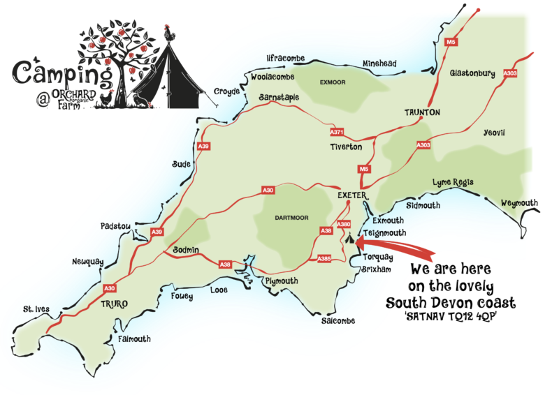 Camping map apple trees in blossom
